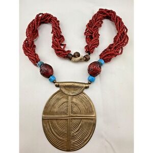 Red Beaded Necklace Statement Tribal Boho Gold Tone 24"